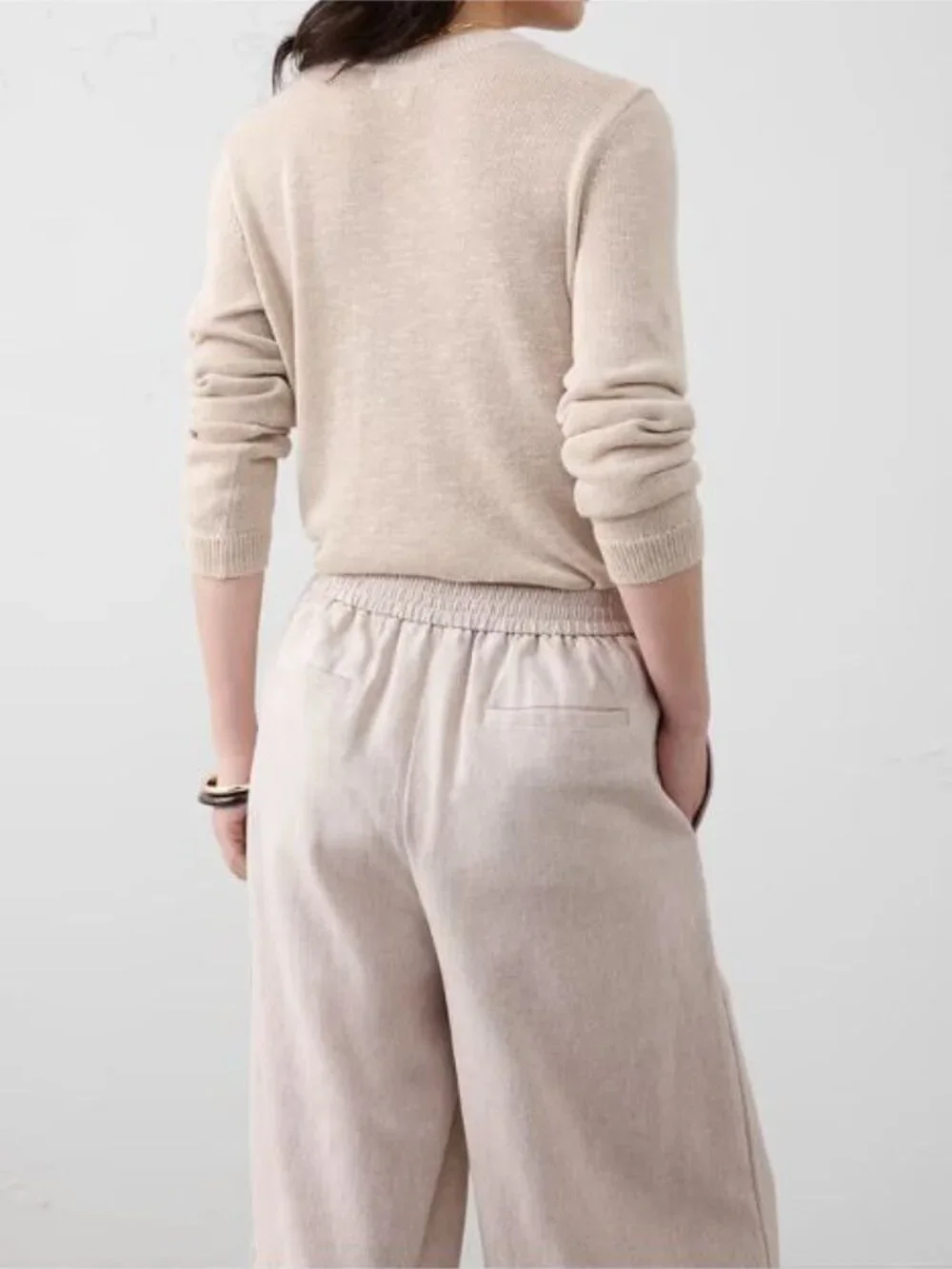 Banana Republic Sz L Anyday Wide-Leg Linen-Blend Cropped Pull-On Pants Beige